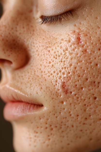 Photo inflamed acne and large pores extreme closeup natural setting