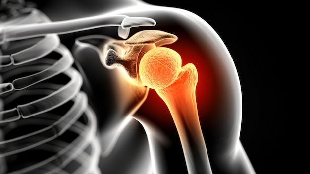 Inflamed shoulder joint anatomy illustration on dark background for medical research