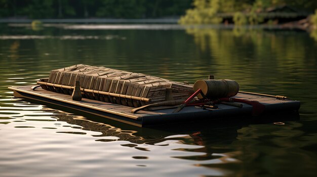 Inflatable boat on a lake in the rays of the setting sun generative AI