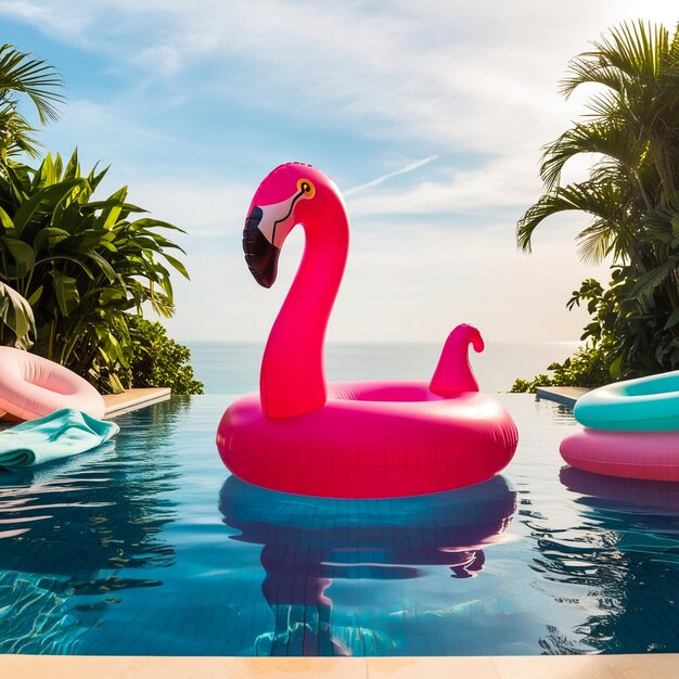 an inflatable flamingo swims in the pool the concept of summer holidays means for water purification