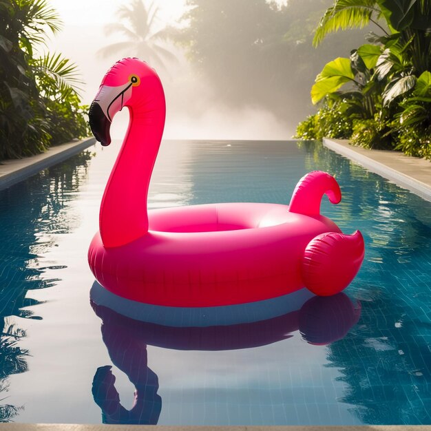 an inflatable flamingo swims in the pool the concept of summer holidays means for water purification