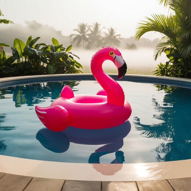 an inflatable flamingo swims in the pool the concept of summer holidays means for water purification