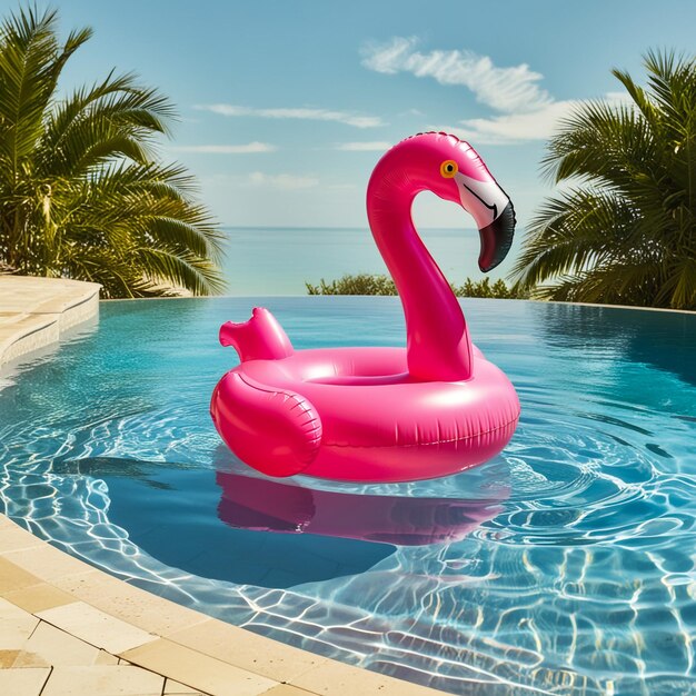 an inflatable flamingo swims in the pool the concept of summer holidays means for water purification