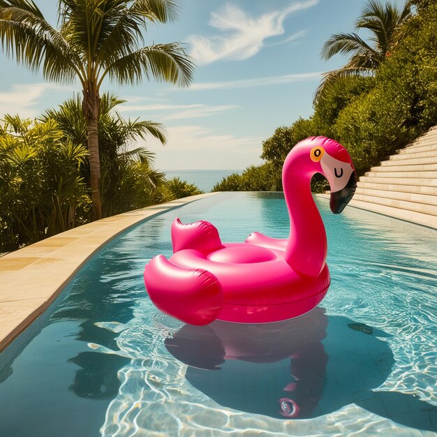 an inflatable flamingo swims in the pool the concept of summer holidays means for water purification