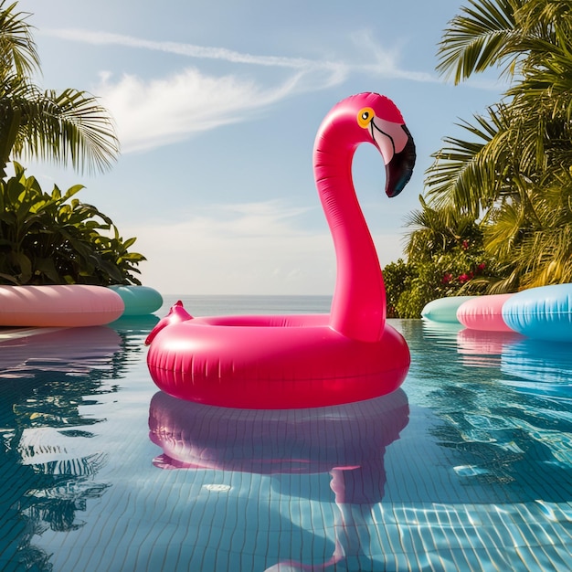 an inflatable flamingo swims in the pool the concept of summer holidays means for water purification