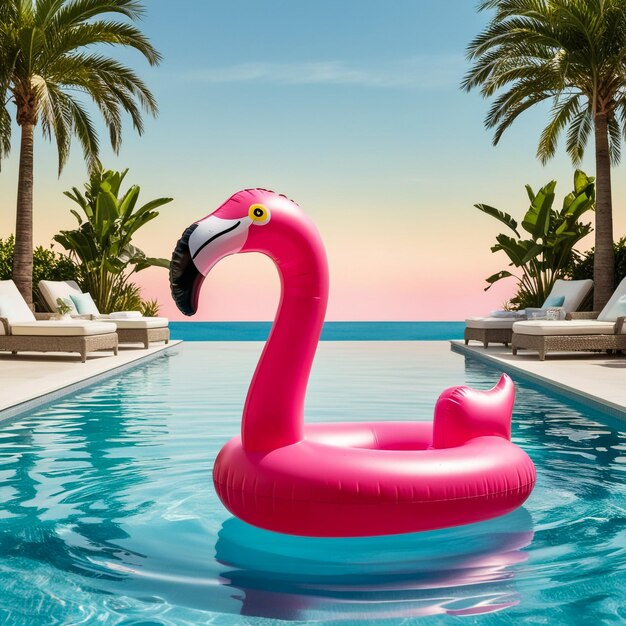 an inflatable flamingo swims in the pool the concept of summer holidays means for water purification