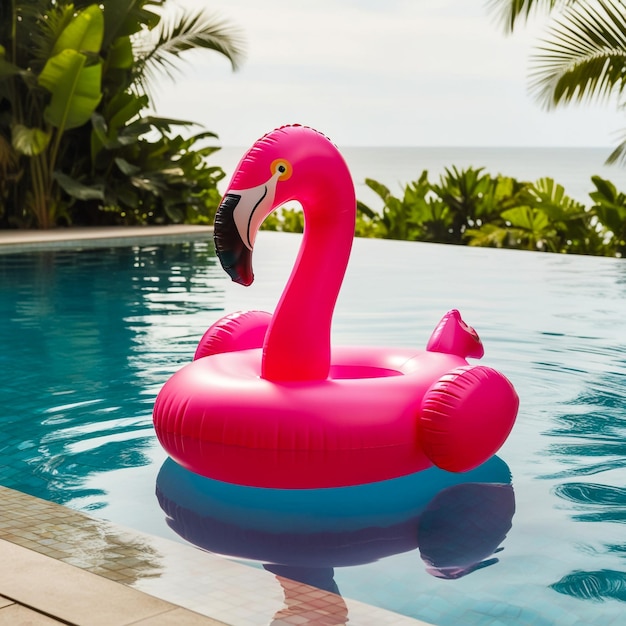 an inflatable flamingo swims in the pool the concept of summer holidays means for water purification