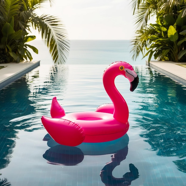 an inflatable flamingo swims in the pool the concept of summer holidays means for water purification