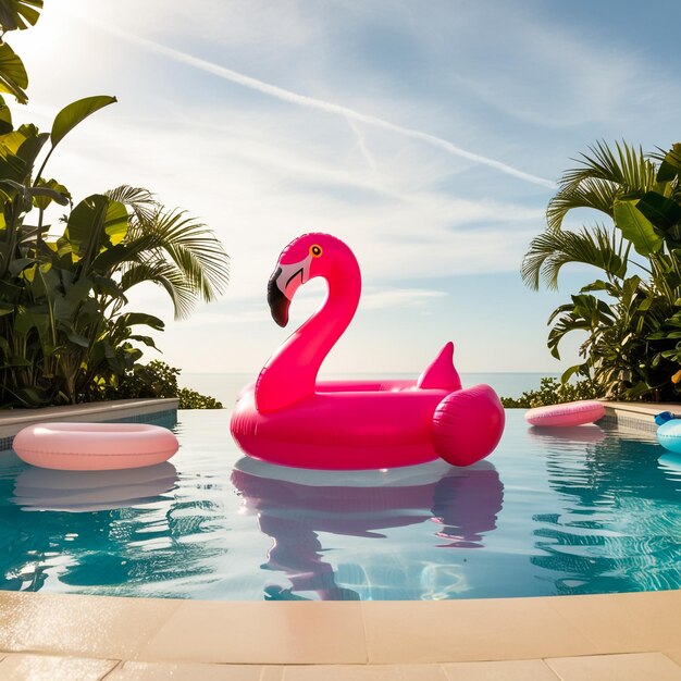 an inflatable flamingo swims in the pool the concept of summer holidays means for water purification