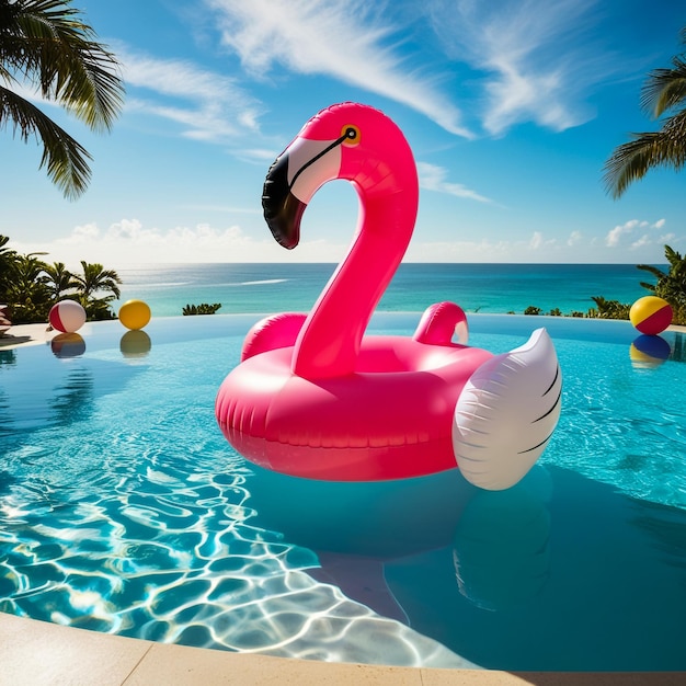 an inflatable flamingo swims in the pool the concept of summer holidays means for water purification