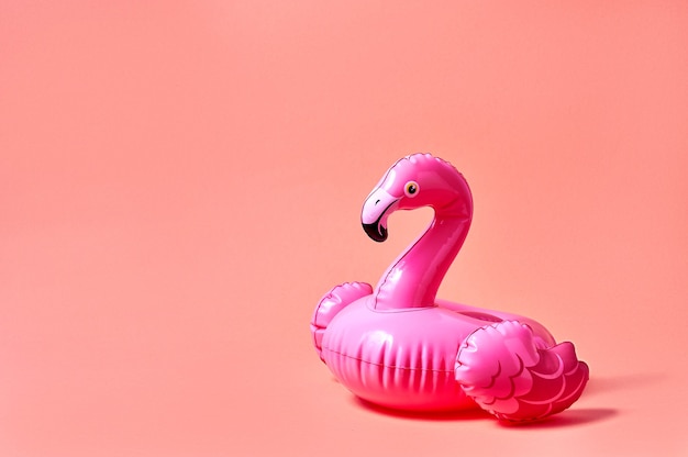 Inflatable pink flamingo pool toy on pink background creative minimal concept