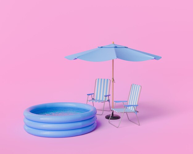 Inflatable Pool with Blue Umbrella and Striped Chairs on Pink Background