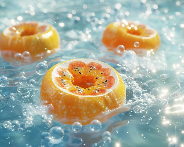 Inflatable rafts printed to mimic the inside of a passion fruit floating on a sea of bubbles