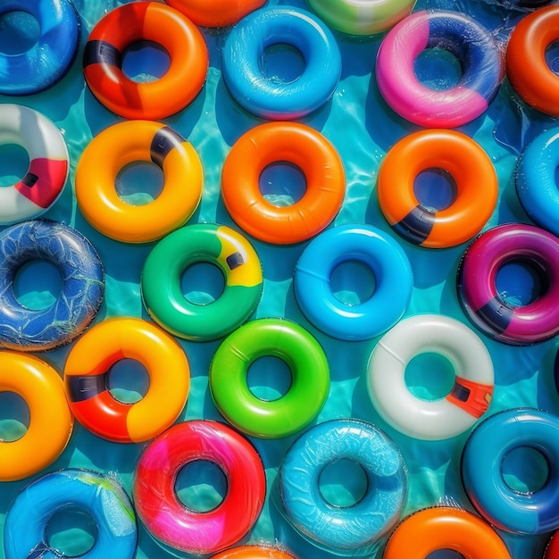 Inflatable ring colorful in pool on sunny day Relaxation lifestyle concept Leisure lifestyle concept Color background