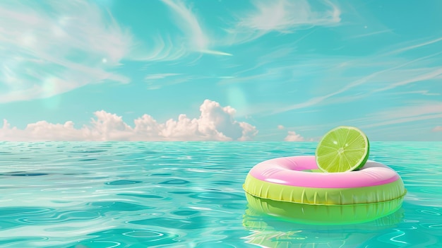 Inflatable ring with lime slice in clear pool A whimsical 3D image of a pink inflatable ring with a lime slice afloat in a tranquil blue pool