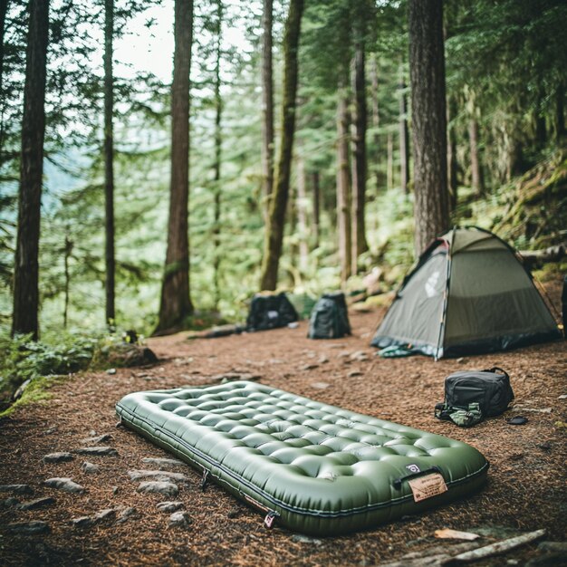 Photo inflatable sleeping pad with builtin pump laid out in a forest camp