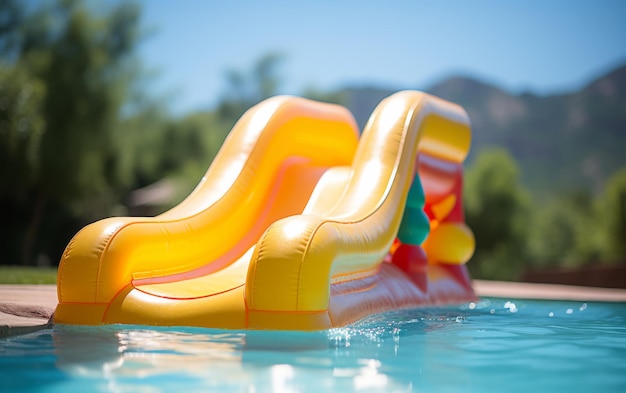 An inflatable slide winding its way into a swimming pool surrounded by joyful splashing and laughter