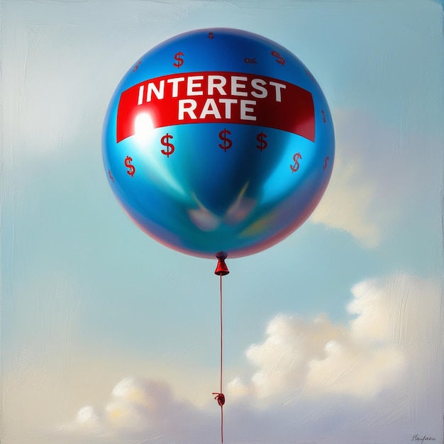 Photo inflated interest rate balloon floats higher inflate concept