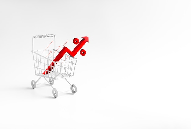 Inflation concept 3D Red rising arrows with percentage icon in white shopping cart trolley isolated on white background minimal style Rising up price economic crisis cost of living increase