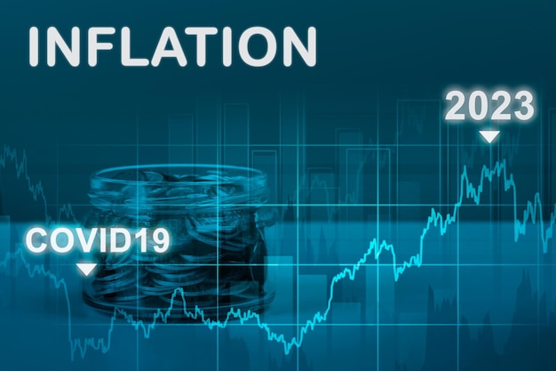 Inflation on dark blue background economic crisis caused by covid19 pandemic hyperinflation 2022 2023 on dark blue background decreasing purchasing power