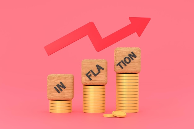 INFLATION word on a wooden cube on coins in idea world economics and inflation control