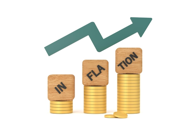 INFLATION word on a wooden cube on coins in idea world economics and inflation control