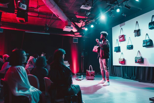 Photo influencer live studio stage selling bags on