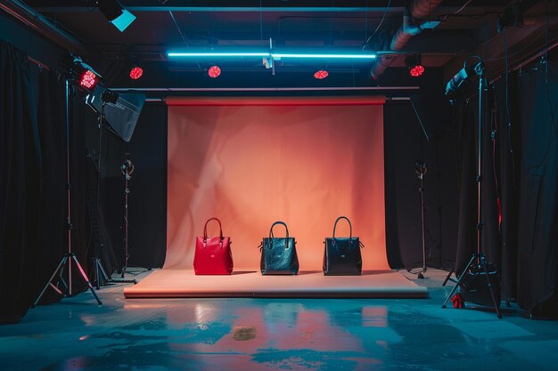 Photo influencer live studio stage selling bags on