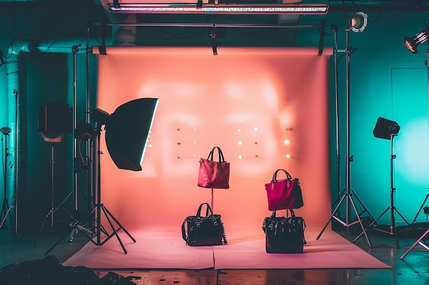 Photo influencer live studio stage selling bags on