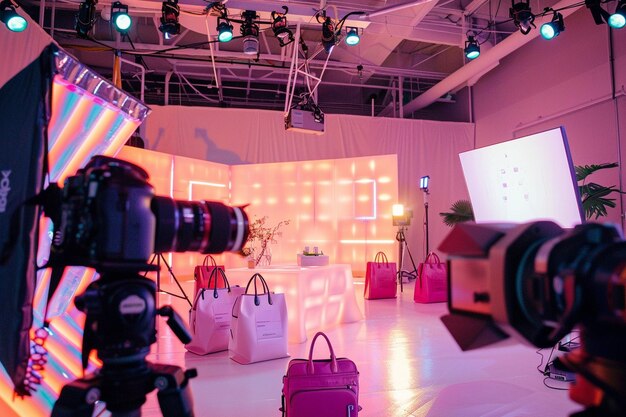 Photo influencer live studio stage selling bags on