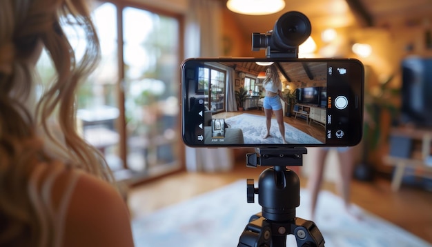 Influencer Recording a Fitness Vlog at Home Captured Through a Smartphone on a Tripod