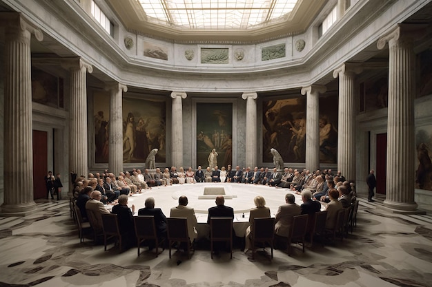 An influential political leaders conducts a seminar in a grandiose government building Addressing the nation's most pressing issues Generative AI