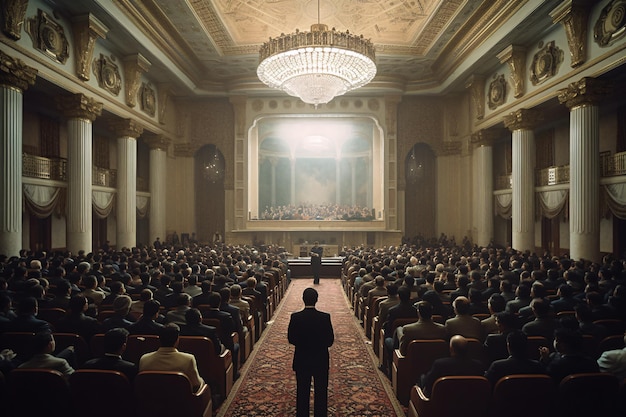 An influential political leaders conducts a seminar in a grandiose government building Addressing the nation's most pressing issues Generative AI