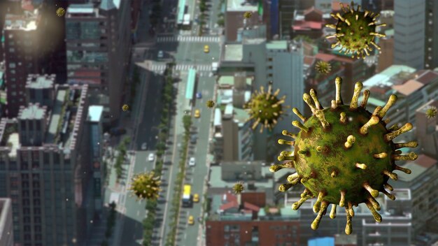 Influenza Covid 19 virus with beautiful and modern financial district of Taipei as dangerous flu