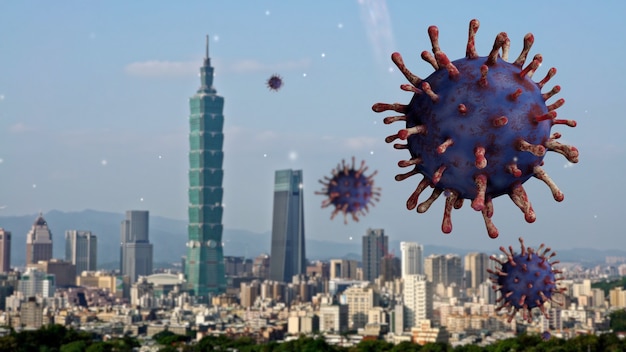 Influenza Covid 19 virus with beautiful and modern tall tower in the financial district of Taipei as dangerous flu