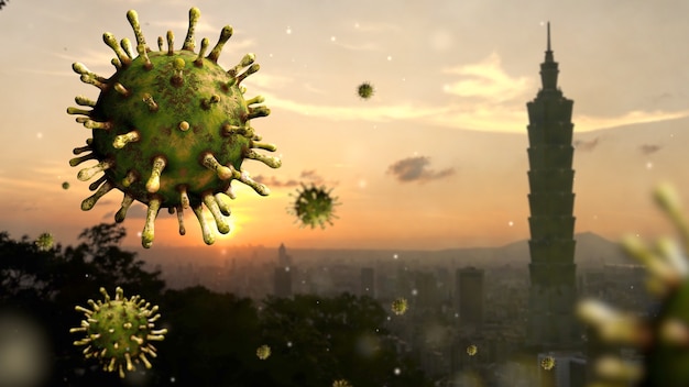 Influenza Covid 19 virus with beautiful and modern tall tower at sunset in financial district of Taipei