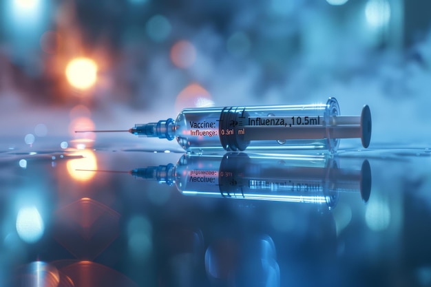 Influenza vaccine syringe on a reflective surface with soft lighting