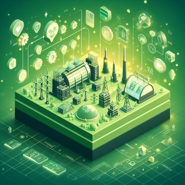 info graphic isometric depicting a set of clean energyy generation icons and situation for better future