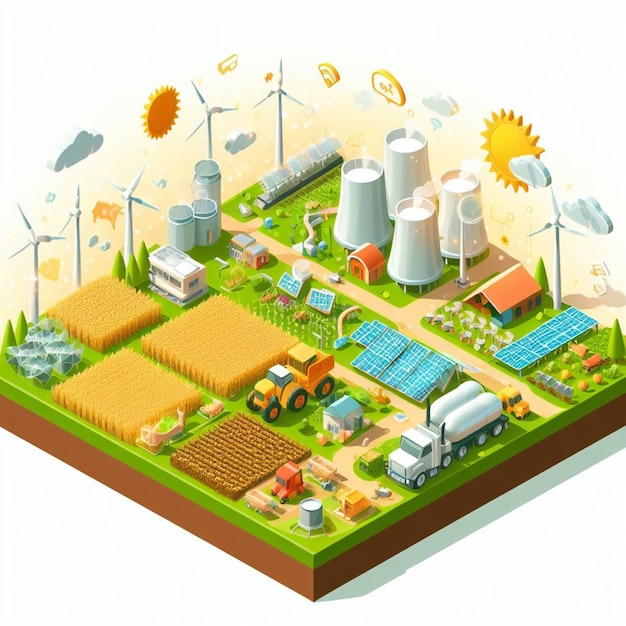 info graphic isometric depicting a set of clean energyy generation icons and situation for better future