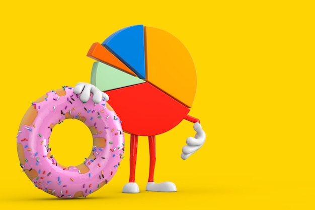 Info Graphics Business Pie Chart Character Person with Big Strawberry Pink Glazed Donut 3d Rendering