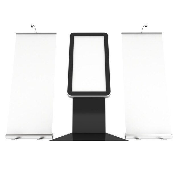 Info LCD screen floor stand with rollup banners