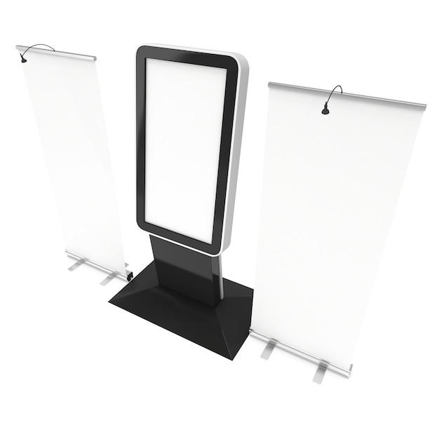 Info LCD screen floor stand with rollup banners