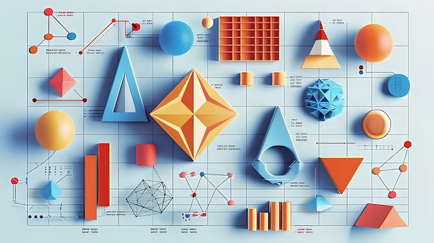 Infographic 3D Shapes illustrating property of cube prism pyramid cylinder cone sphere diagram of