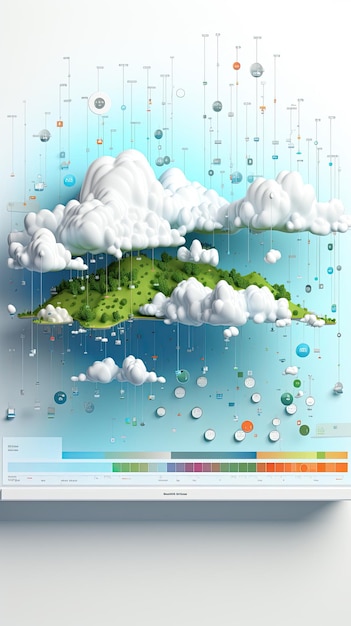 Photo infographic depicting cloud computing and meteorological data with island landscape