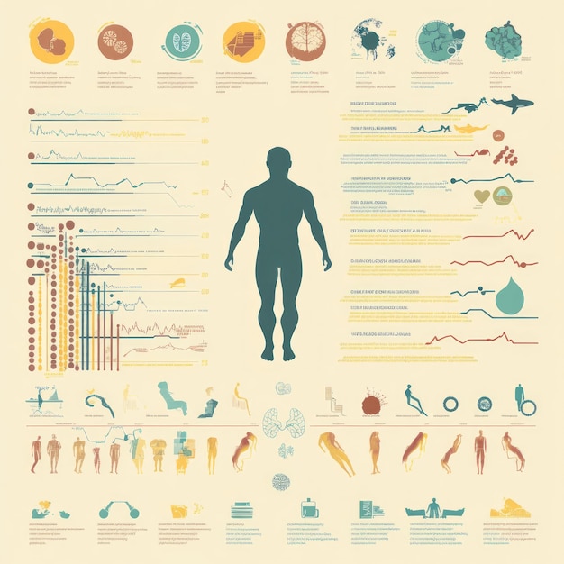 Infographic illustration of the human body with data charts icons and text