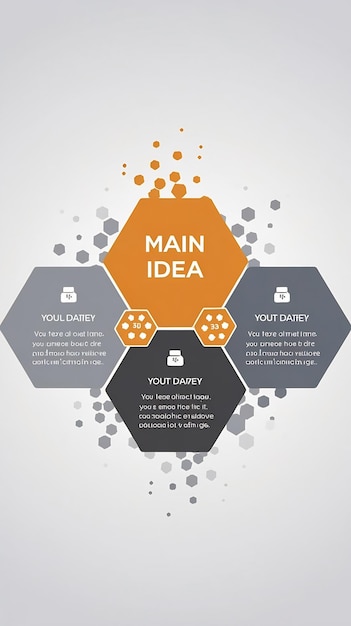 Photo infographic template with hexagons with main idea and 3 steps or options