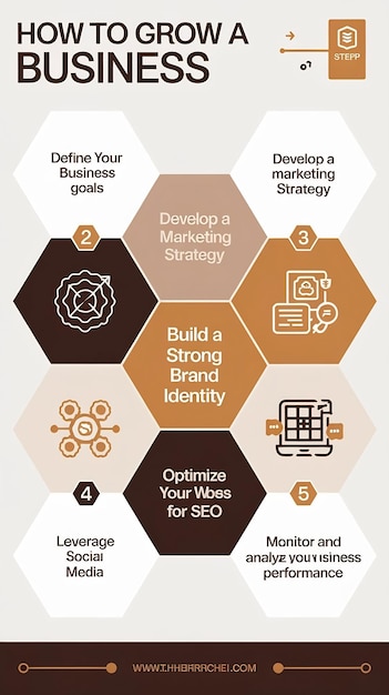 Photo infographic template with hexagons with main title and 6 steps or options flowchart