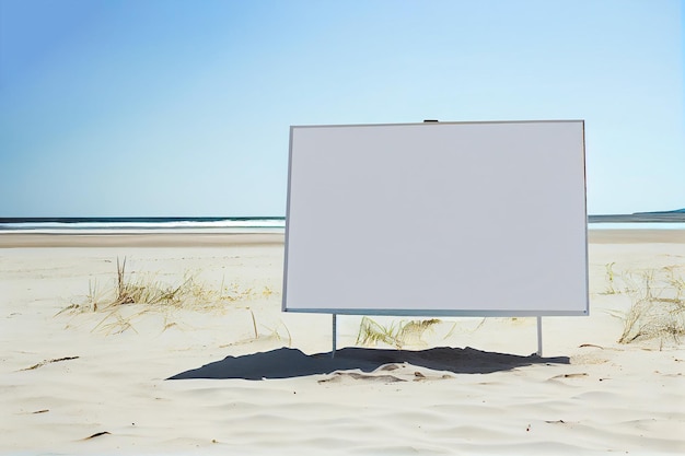 Information advertising white banner with empty place for mock up on sandy beach generative ai