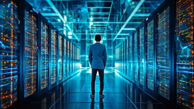 Information digitalization lines streaming via servers generative AI and big data center chief technology officer using laptop while standing in warehouse