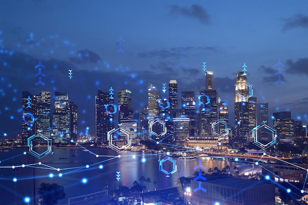 Information flow hologram night panorama city view of Singapore The largest technological center in Asia The concept of programming science Double exposure